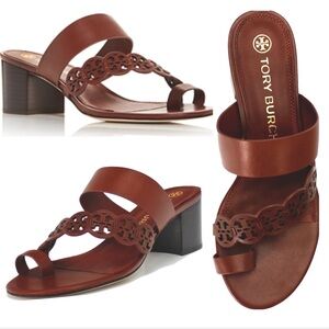 Tory Burch Women's Tiny Miller Toe Ring Heel Sandals Burnt Cuoio Brown